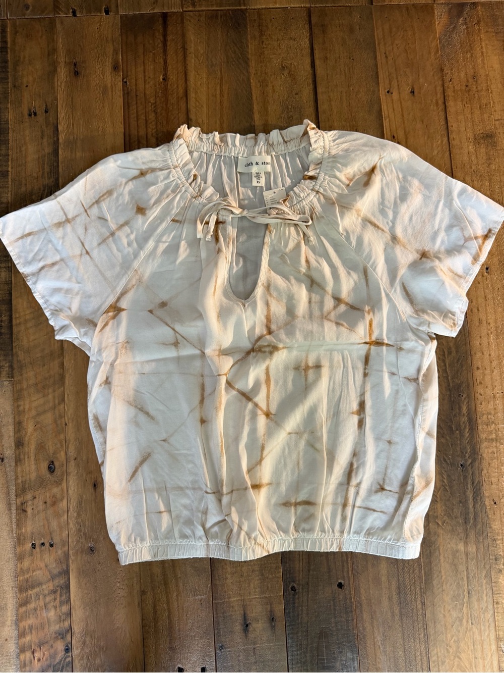 cloth & stone Cream and Brown Tie-Dye Short Sleeve Peasant Top